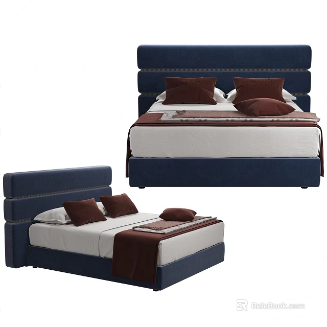 Upholstered Double Bed with Navy Blue Headboard White Sheets and Brown Pillows 3d model