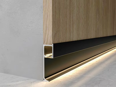 Metal Skirting Board Hardware With Wooden Panel Gray Wall And Lighting On Light Stone Floor 3d model