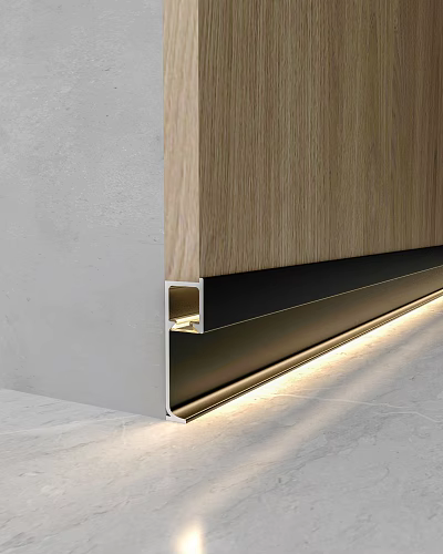 Metal Skirting Board Hardware With Wooden Panel Gray Wall And Lighting On Light Stone Floor 3d model