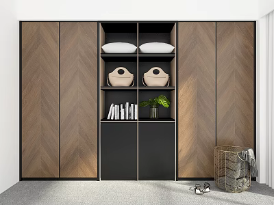 Modern Wooden Wardrobe Design With Open Shelving Storage Baskets Books And Potted Plant 3d model
