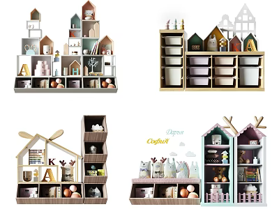 Cozy Wooden Entryway Cabinet and Side Cabinet with House Shaped Design and Decorative Storage Shelves 3d model