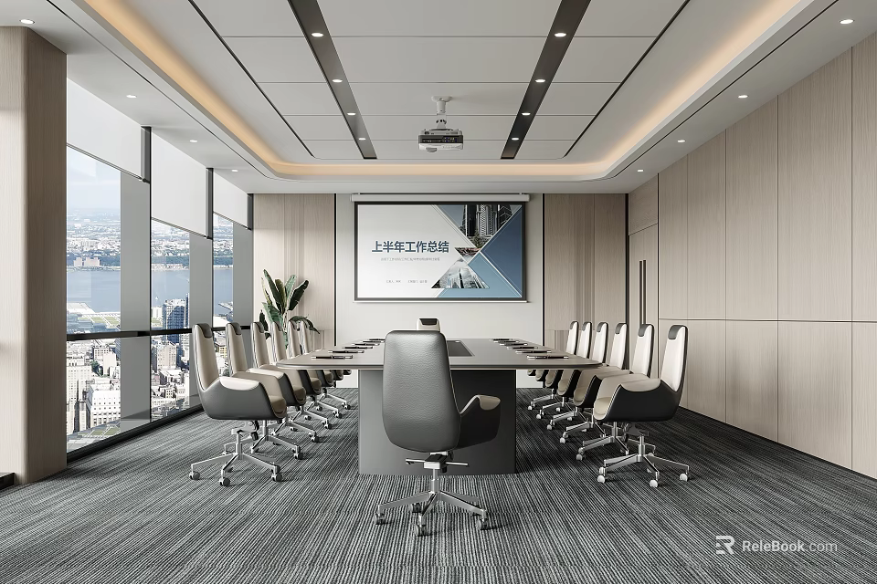 Modern Conference Room Interior Featuring Long Table Office Chairs Large Screen And City View Through Windows 3d model 