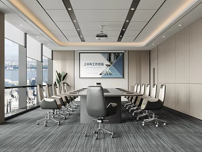 Modern Conference Room Interior Featuring Long Table Office Chairs Large Screen And City View Through Windows 3d model