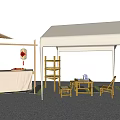 Outdoor Stall Setup With White Tent Wooden Table Chairs Umbrella Red Lantern And Fruits