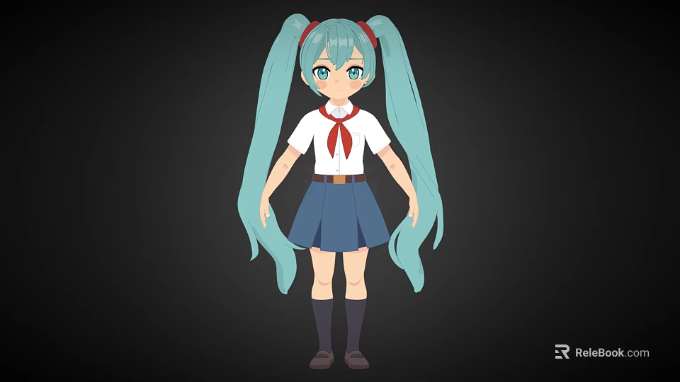 Anime Game Character With Light Blue Twin Ponytails Green Eyes And School Uniform 3d model 