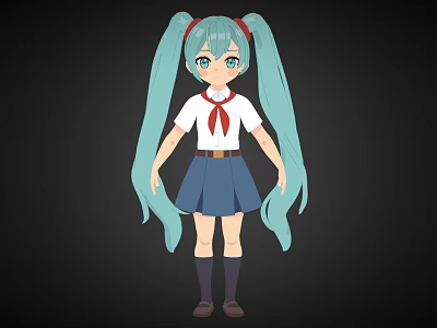 Anime Game Character With Light Blue Twin Ponytails Green Eyes And School Uniform 3d model