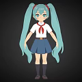 Anime Game Character With Light Blue Twin Ponytails Green Eyes And School Uniform