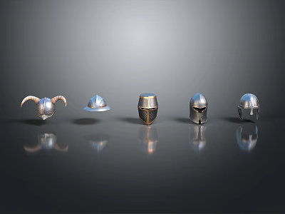 Various Styles of Shiny Metal Helmets Arranged on Dark Background 3d model