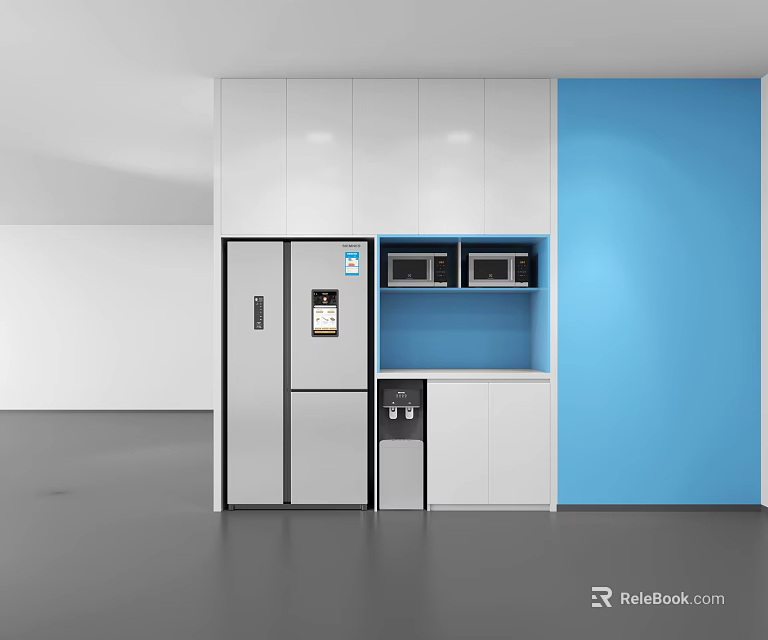 Modern Kitchen Interior With White Cabinets Blue Wall Refrigerator And Appliances 3d model 