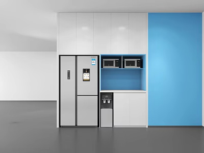 Modern Kitchen Interior With White Cabinets Blue Wall Refrigerator And Appliances 3d model
