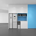 Modern Kitchen Interior With White Cabinets Blue Wall Refrigerator And Appliances