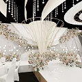 Luxury Banquet Hall Interior With Modern Design Crystal Chandeliers White Tables And Floral Arrangements