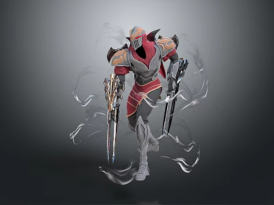 Sci Fi Fantasy Warrior With Red Gray Armor And Dual Spears Surrounded By Smoke Effects 3d model
