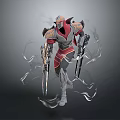 Sci Fi Fantasy Warrior With Red Gray Armor And Dual Spears Surrounded By Smoke Effects