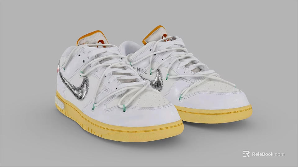 White Sneakers With Silver Swoosh Logo Yellow Sole And Orange Tongue Accents 3d model 