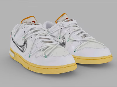 White Sneakers With Silver Swoosh Logo Yellow Sole And Orange Tongue Accents 3d model