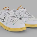 White Sneakers With Silver Swoosh Logo Yellow Sole And Orange Tongue Accents