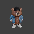 Two Brown Teddy Bears Wearing Black Caps Blue Denim Jackets White Sneakers Front Side Views