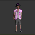 Game and Movie Character Wearing Green Hat Pink Floral Shirt Gray Shorts Sandals and Socks