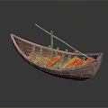 Traditional Wooden Boat With Red Decorations And Long Oar On Gray Background