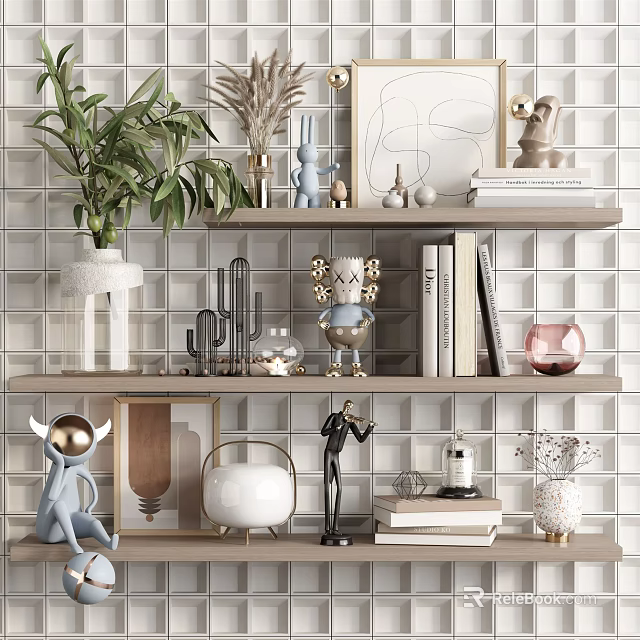 Decorative Ornament Set on Shelves with Plant Sculptures Vases Books Against Grid Patterned Wall 3d model 