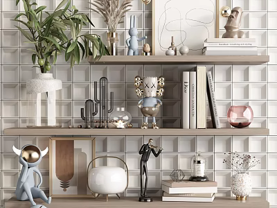 Decorative Ornament Set on Shelves with Plant Sculptures Vases Books Against Grid Patterned Wall 3d model