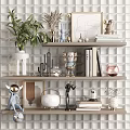 Decorative Ornament Set on Shelves with Plant Sculptures Vases Books Against Grid Patterned Wall