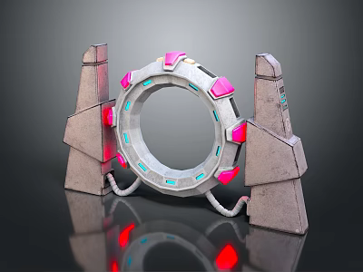 Cartoon Scene of Futuristic Portal with Circular Frame Pink Blue Lights Between Stone Pillars 3d model