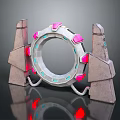 Cartoon Scene of Futuristic Portal with Circular Frame Pink Blue Lights Between Stone Pillars