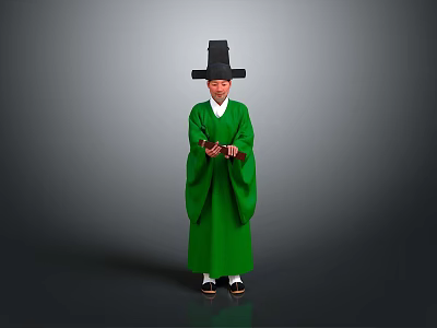 Man in Traditional Green Robe Wearing Black Tall Hat Holding Object Against Gray Background 3d model