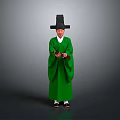 Man in Traditional Green Robe Wearing Black Tall Hat Holding Object Against Gray Background