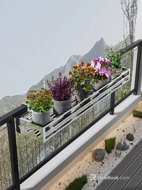 Colorful Balcony Garden Display With Metal Plant Rack And Various Flowers 3d model 