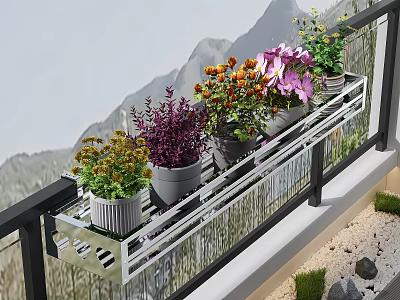 Colorful Balcony Garden Display With Metal Plant Rack And Various Flowers 3d model