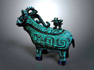 Decorative Furniture Accent With Bronze Animal Sculpture And Intricate Green Patterns 3d model