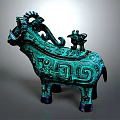 Decorative Furniture Accent With Bronze Animal Sculpture And Intricate Green Patterns