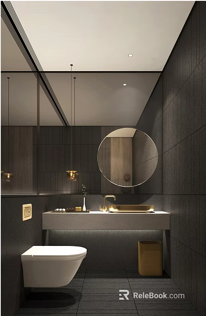 Hotel Bathroom Modern Interior With Round Mirror Wall Mounted Sink Gold Faucet And Elegant Lighting 3d model 