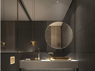 Hotel Bathroom Modern Interior With Round Mirror Wall Mounted Sink Gold Faucet And Elegant Lighting 3d model