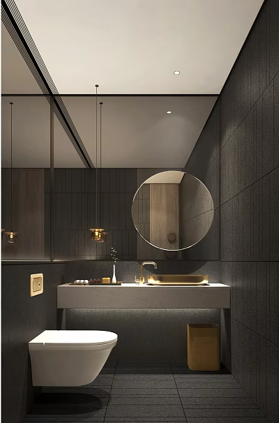 Hotel Bathroom Modern Interior With Round Mirror Wall Mounted Sink Gold Faucet And Elegant Lighting 3d model