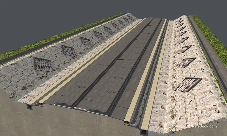 Multi Lane Road Infrastructure With Stone Retaining Walls Green Vegetation And Drainage Grilles 3d model 