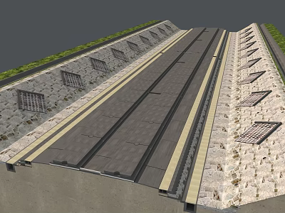 Multi Lane Road Infrastructure With Stone Retaining Walls Green Vegetation And Drainage Grilles 3d model
