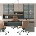 Modern Office Interior With Executive Desk Leather Chair And Bookshelves