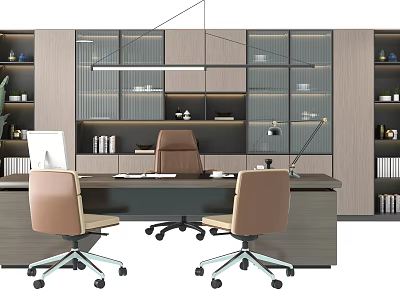 Modern Office Interior With Executive Desk Leather Chair And Bookshelves 3d model