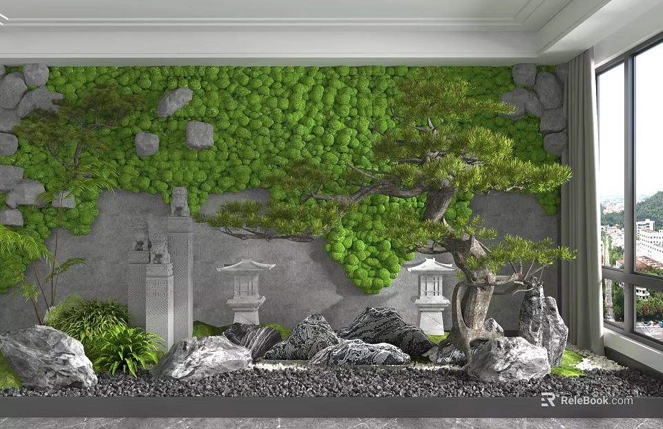 Moss Covered Background Wall With Stones Pine Tree And Stone Lanterns In Indoor Garden 3d model 