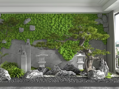 Moss Covered Background Wall With Stones Pine Tree And Stone Lanterns In Indoor Garden 3d model