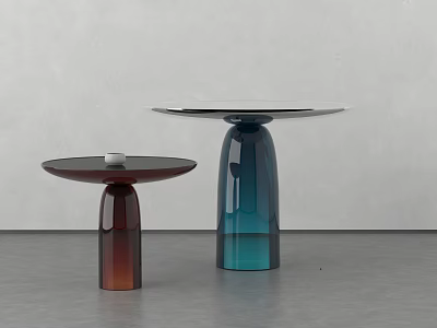 Two Round Glass Tables With Brown And Blue Bases And Small Candle On Top 3d model