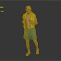 Elderly Man With Bald Head Wearing Yellow Towel Blue Shorts And Flip-Flops In Gray Background
