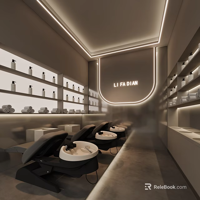 Modern Hair Salon LI FA DIAN Interior With Washbasins Chairs And Shelves Of Beauty Products 3d model 