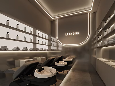 Modern Hair Salon LI FA DIAN Interior With Washbasins Chairs And Shelves Of Beauty Products 3d model