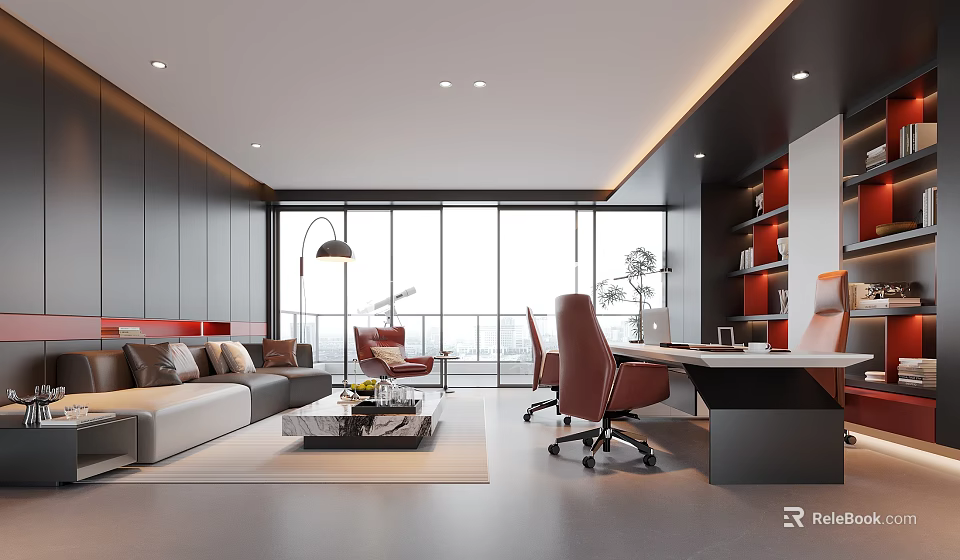 Modern Office Interior Design With Spacious Layout Desk Sofa And Large Windows 3d model