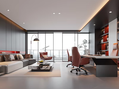 Modern Office Interior Design With Spacious Layout Desk Sofa And Large Windows 3d model